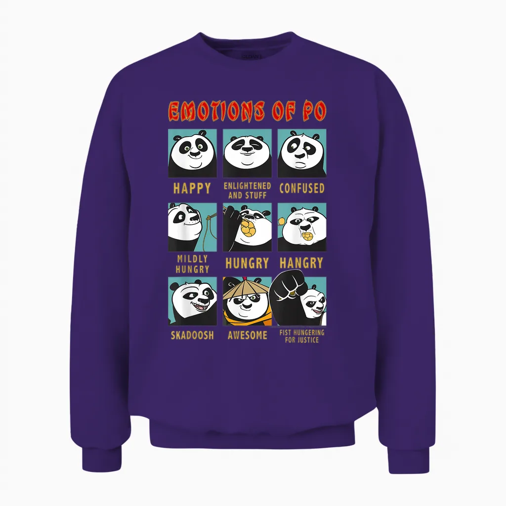 Kung Fu Panda Emotions of Po Portrait Grid T-Shirt, Black Unisex Sweatshirt in Purple