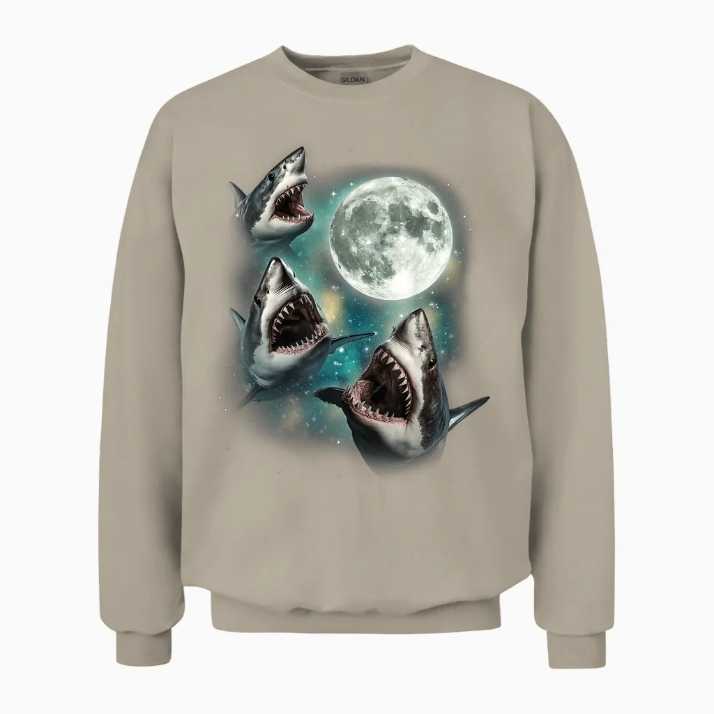 Three Shark Moon | 3 Great Whites Howling Wolfs Moon Parody Unisex Sweatshirt in Sand