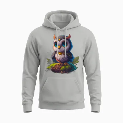 Detailed Cute Owl Design Unisex Hoodie - Ash