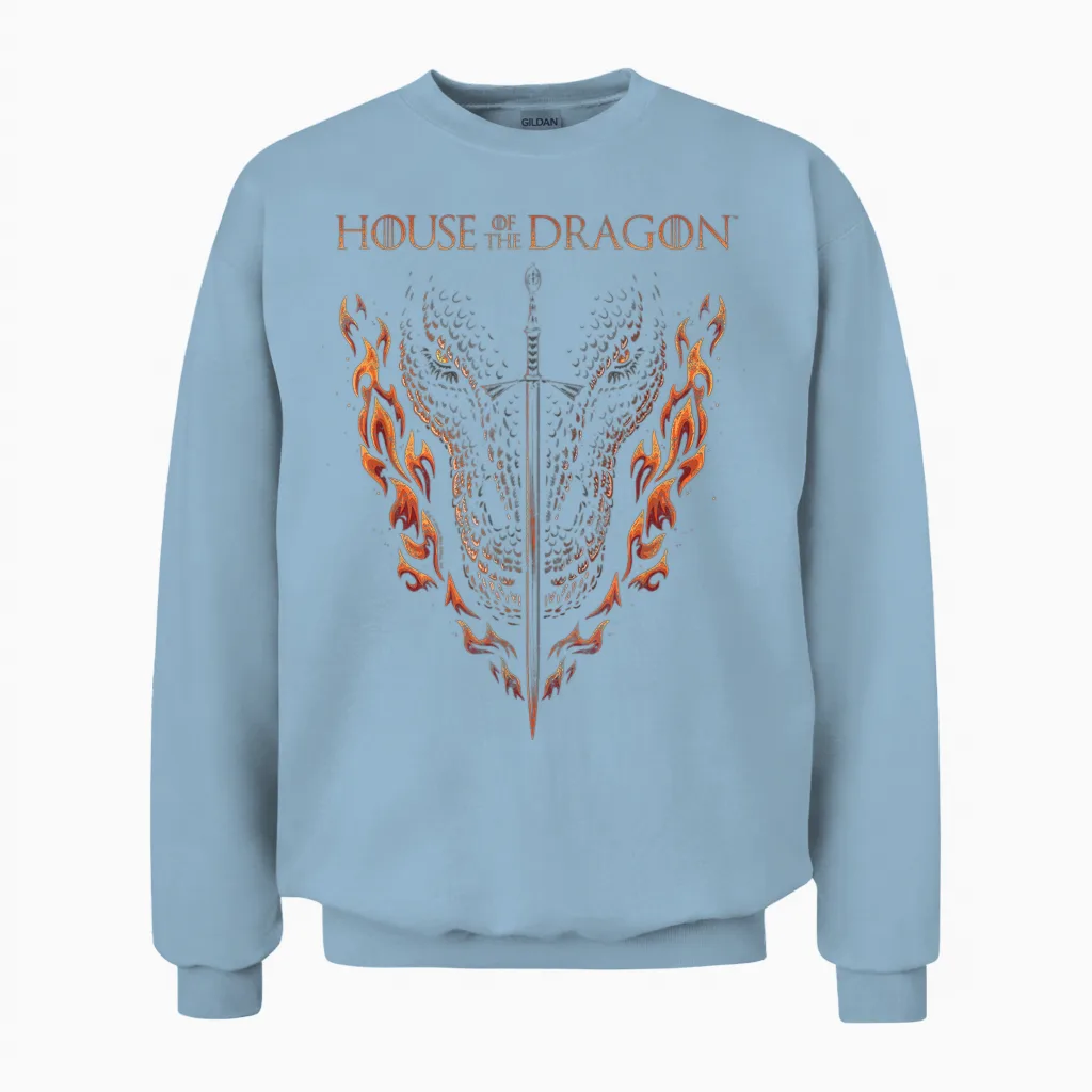 House of the Dragon Fire, Sword and Dragon Unisex Sweatshirt in Light Blue