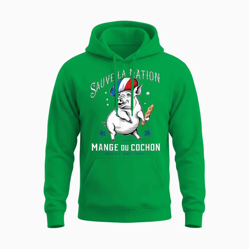 Sauve La Nation Eats Du Pig, Gift Humour France T-Shirt, Black, S Unisex Hoodie in Irish Green