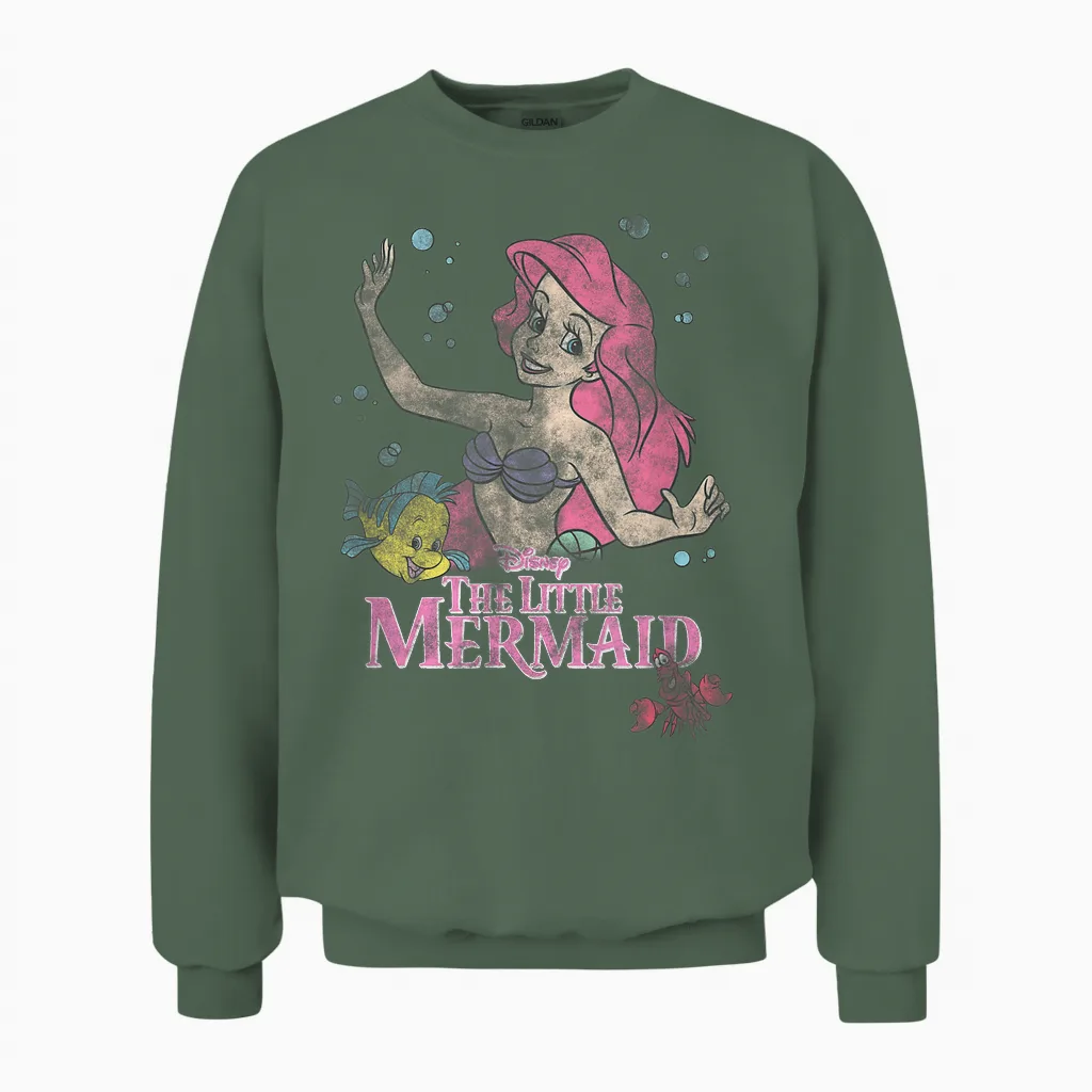Disney the Little Mermaid Ariel Flounder Sebastian Vintage Unisex Sweatshirt in Military Green