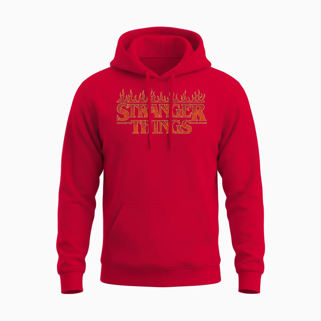 Stranger Things Vintage Flaming Logo T-Shirt, Black, S Unisex Hoodie in Red