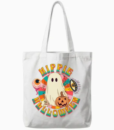 Hippie Halloween, Retro Ghost, Spooky Ghost, Retro Tote Bags - White