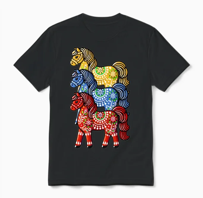 Swedish Dala Horse, Scandinavian Sverige Sweden Unisex T-Shirt in Black