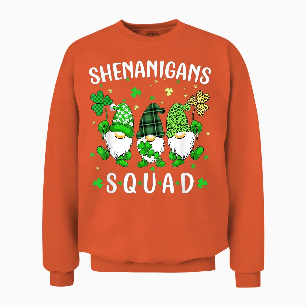 St Patricks Day Gnomes Shenanigans Squad Men Women Unisex Sweatshirt in Orange