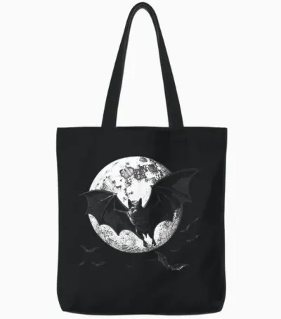 Gothic Bat Full Moon Halloween Horror Vampire Goth Girl T-Shirt, Black Tote Bags - Black