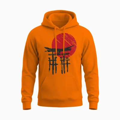 Japanischer Tempel Anime Japan Red Moon Vintage Art Samurai Unisex Hoodie - Safety Orange