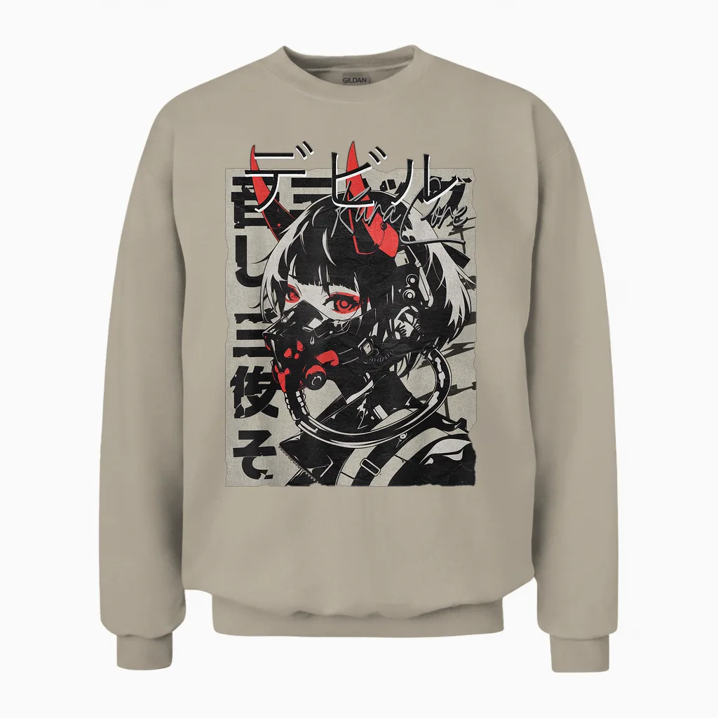 Anime Manga Streetwear Cyberpunk Aesthetic Techwear Harajuku T-Shirt, Black Unisex Sweatshirt in Sand