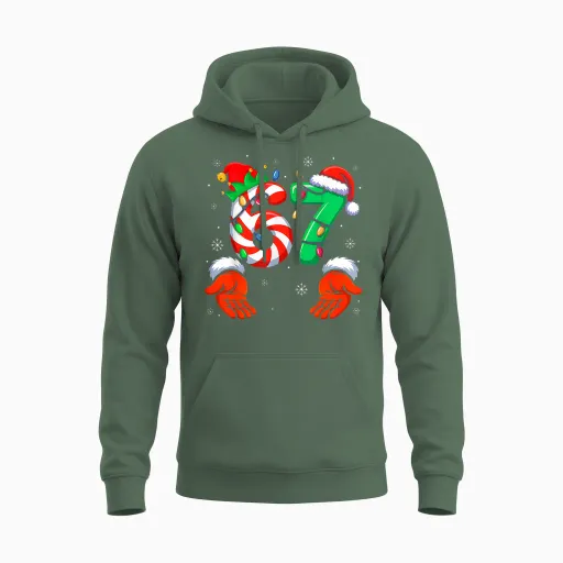 Funny Six Seven 6 7 Meme Christmas Family Xmas Santa Elf Unisex Hoodie - Military Green