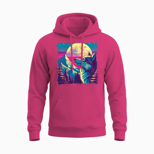 Retro Wolf Gazing at the Moon Unisex Hoodie - Heliconia