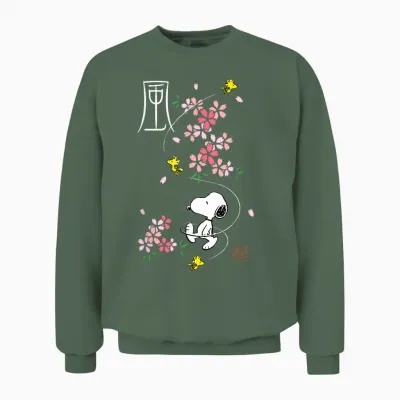 Peanuts Snoopy & Woodstock Japanese Cherry Blossoms T-Shirt, Blue, S Unisex Sweatshirt - Military Green