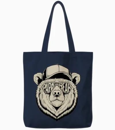 Vatertagsgeschenk Papa Bär Papa Bear T-Shirt Vatertag Herren Väter Casual Fun Schwarz Small Eu 16-16.5 Crew-Ausschnitt Klassisch Halbarm Pull-On Polyester 100% Atmungsaktiv Cartoon Bär Tote Bags - Navy