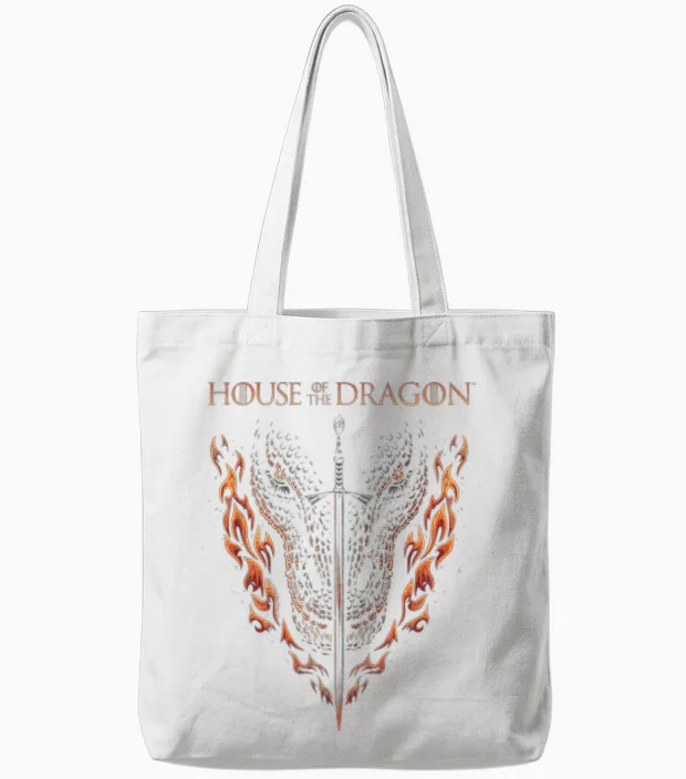 House of the Dragon Fire, Sword and Dragon Tote Bags in White