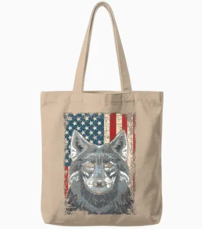 Wolf 4th of July American Flag Howling Wolves Tote Bags - Natural