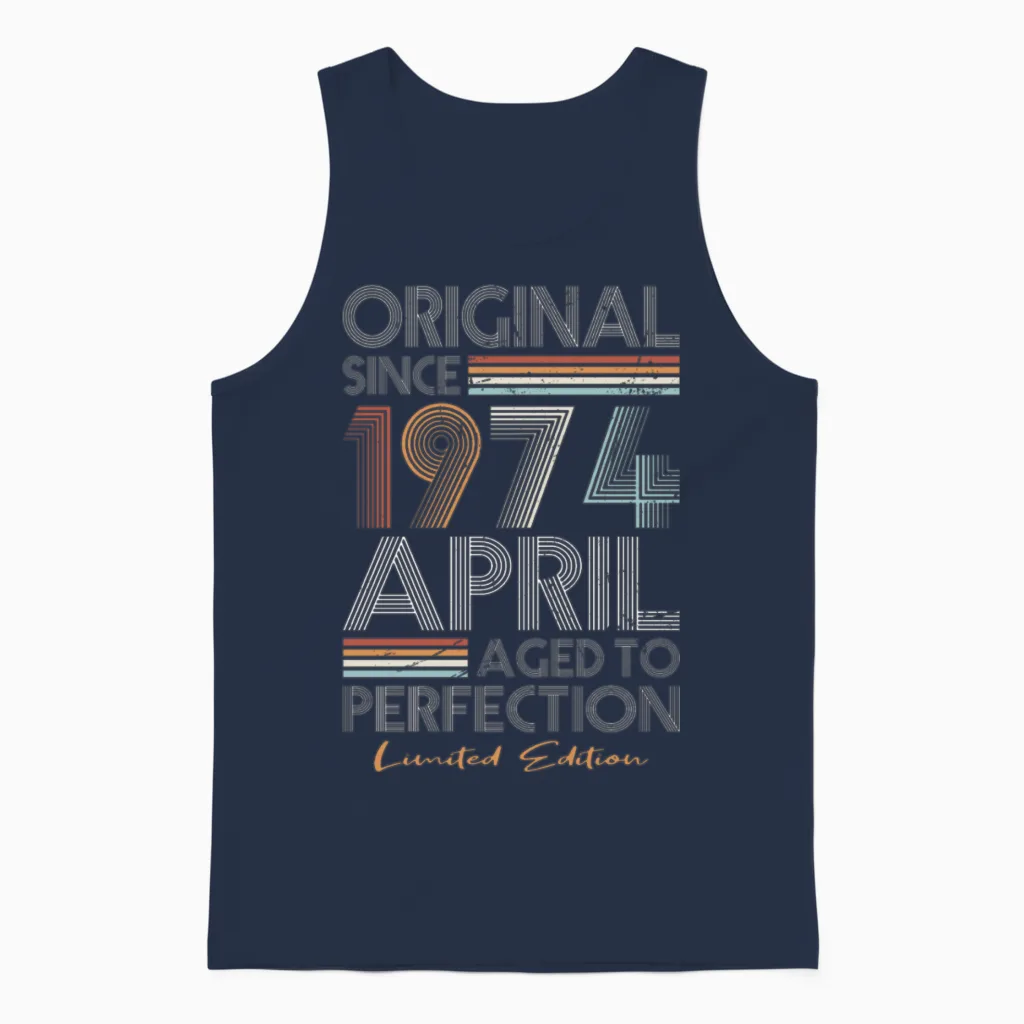 50th Birthday Vintage April 1974 Original 1974 Unisex Tank Top in Navy