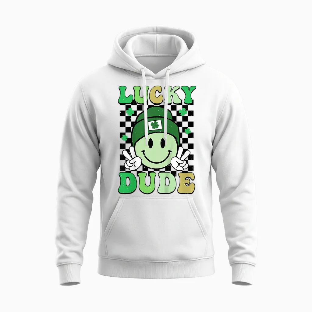 Kids Groovy Lucky Dude Shamrock Smile Boys Kids St. Patrick's Day Unisex Hoodie in White
