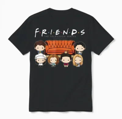 Friends Chibi Characters Central Perk Coffee Shop Group Shot Unisex T-Shirt - Black