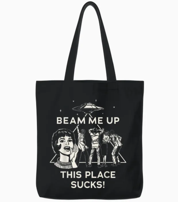Stranger Things Season 5 Beam Me Up This Place Sucks! Tote Bags in Black