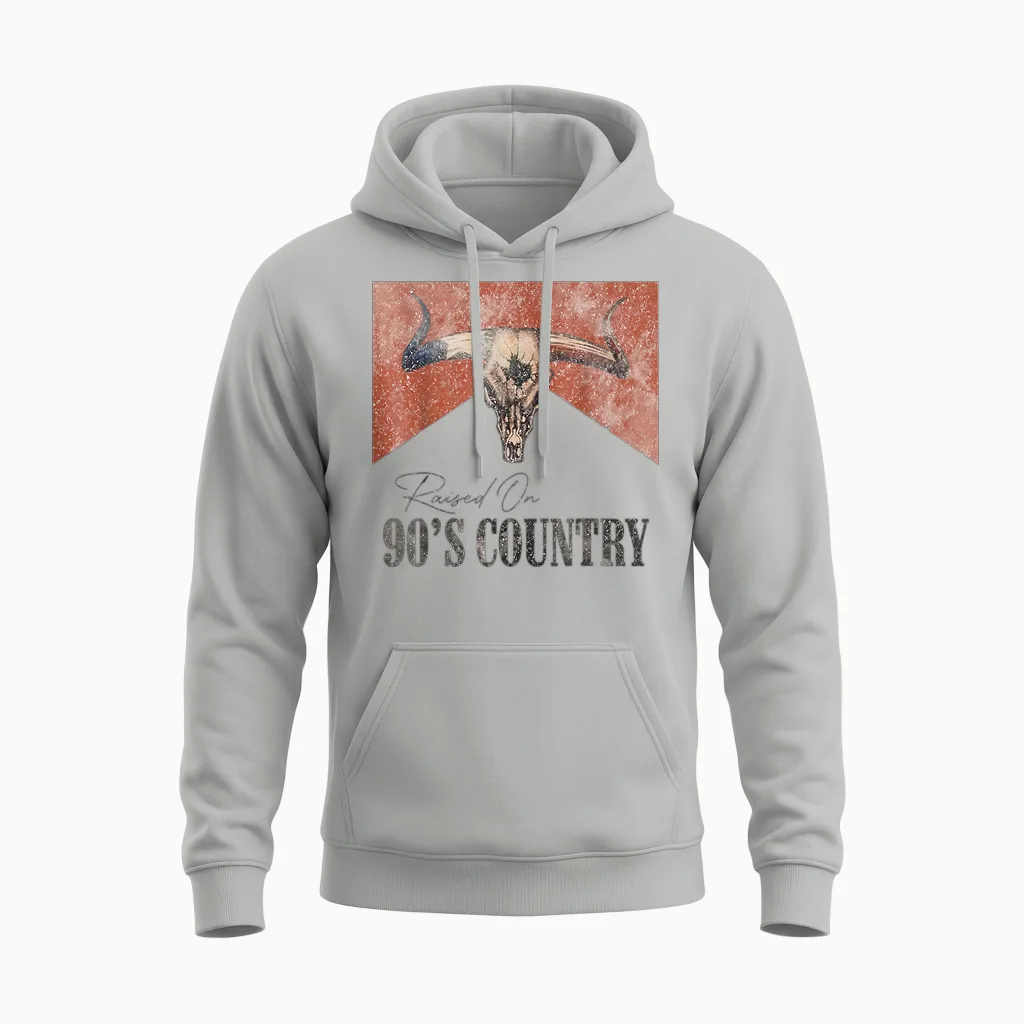 Vintage Western Bull Skull Raised on 90's Country Music Unisex Hoodie in Ash