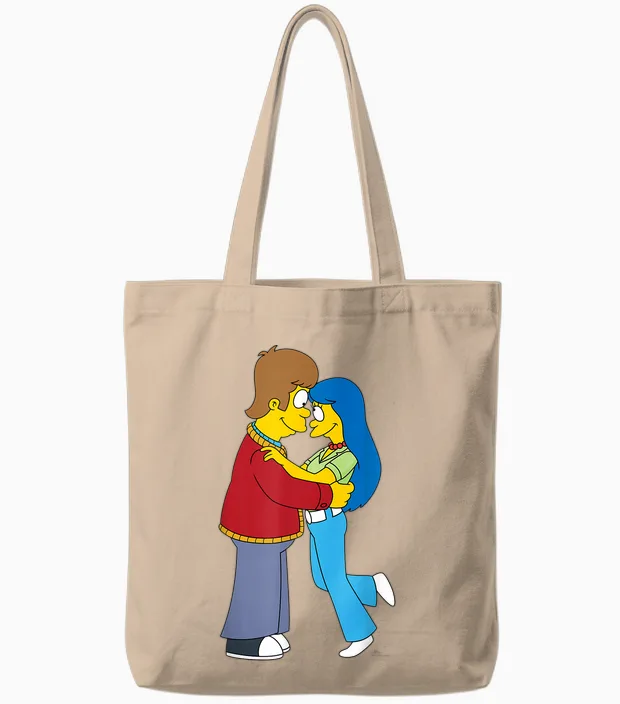 The Simpsons Flashback Homer & Marge Valentine's Day Couple T-Shirt, Black, S Tote Bags in Natural