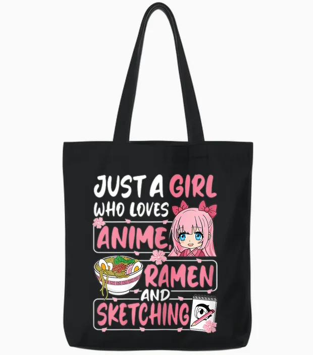 Just a Girl Who Loves Anime Ramen and Sketching Japan Women Tote Bags in Black
