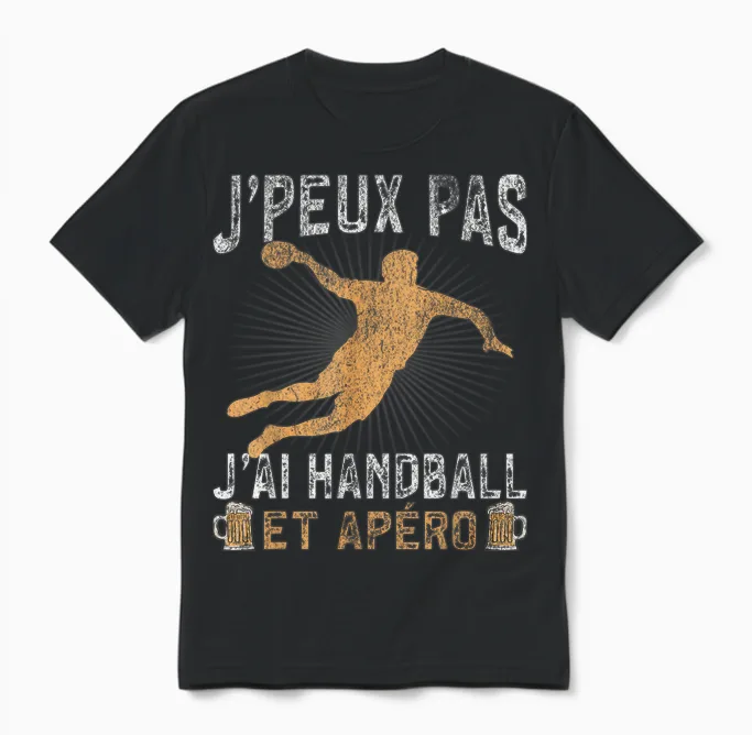 J'peux Pas J'ai Handball Et Apéro Vintage T-Shirt, Black, S Unisex T-Shirt in Black