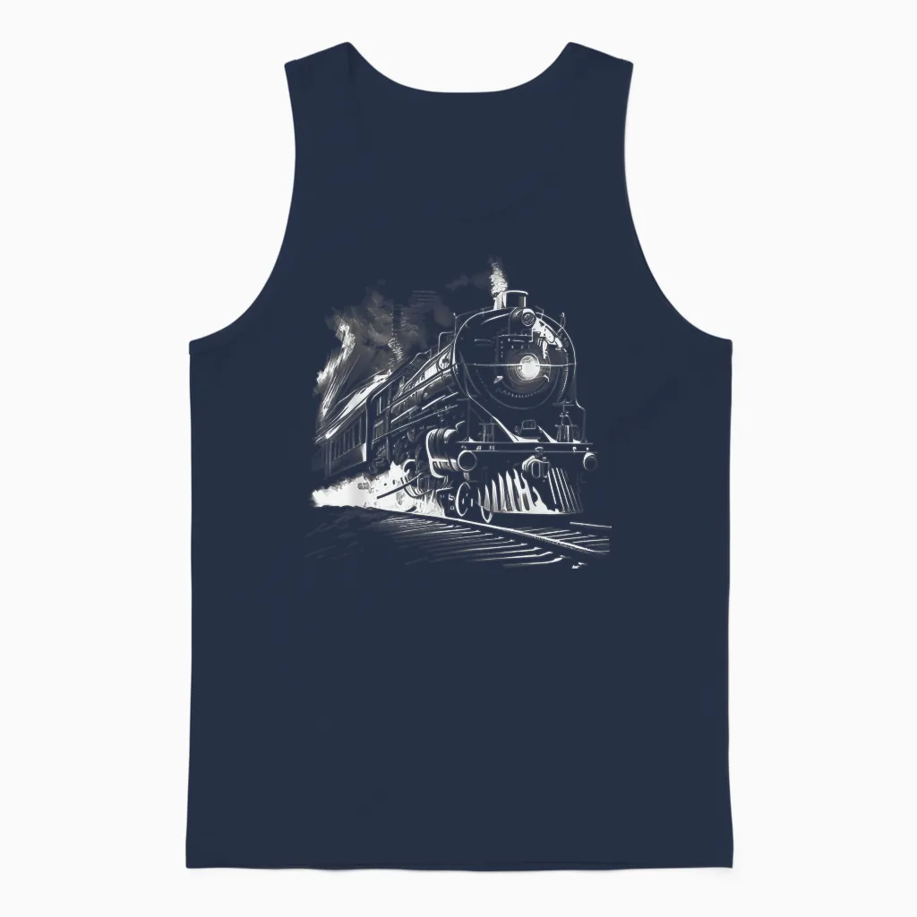 Steam Train Locomotive Train Vintage Train T-Shirt, Black, S Unisex Tank Top in Navy