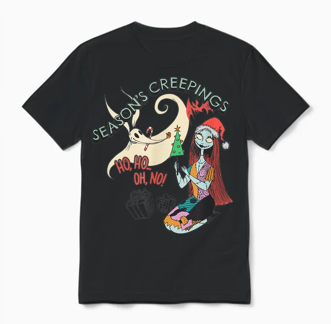 Amazon Essentials Men's Nightmare Before Christmas Sally and Zero Season’s Creepings T-Shirt, Grey Graphic Print, Small Unisex T-Shirt in Black