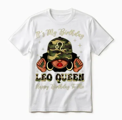 Leo Queen Black Woman with Cap Camo It's My Birthday Unisex T-Shirt - White