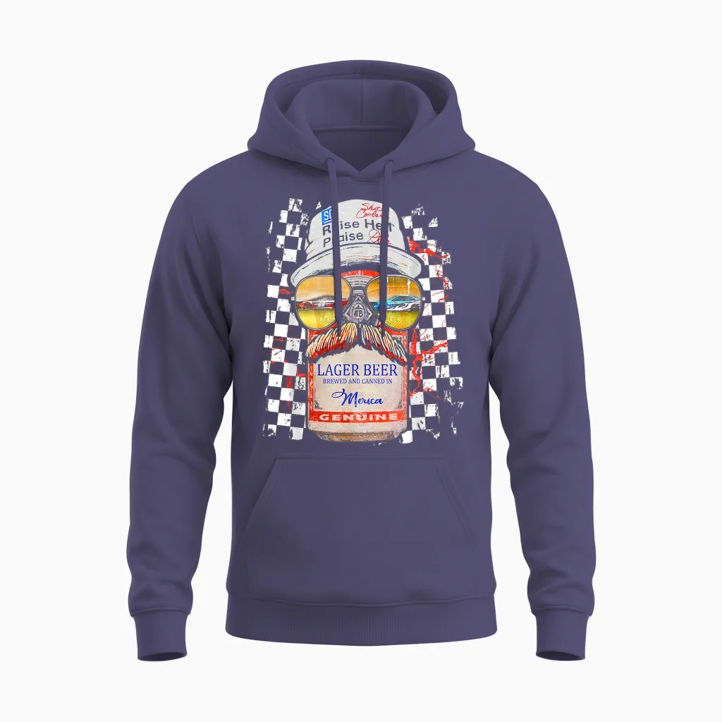 Graphic Motorsport Retro 90s Racing Retro Drinking Beer Unisex Hoodie in Heather Sport Dark Navy