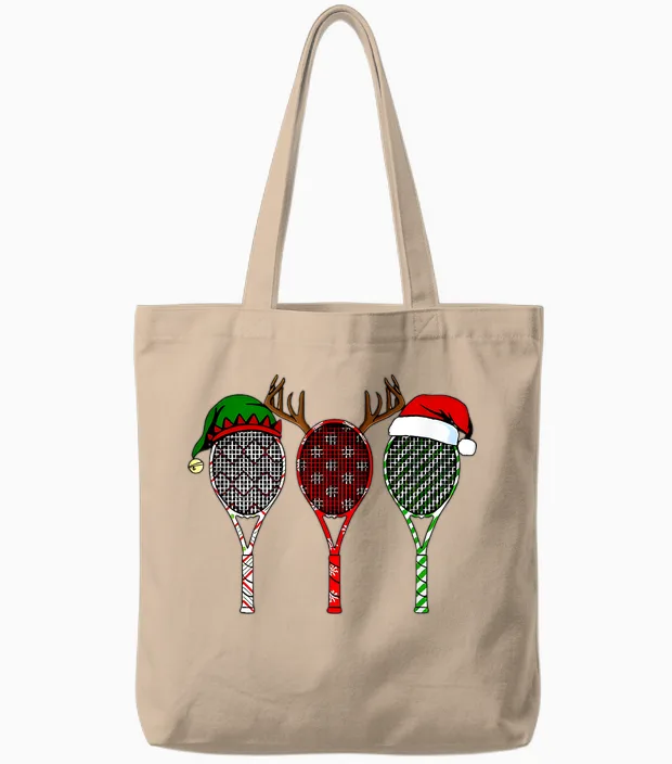Tennis Merry Chistmas 3 Tennis Racket Christmas Tote Bags in Natural