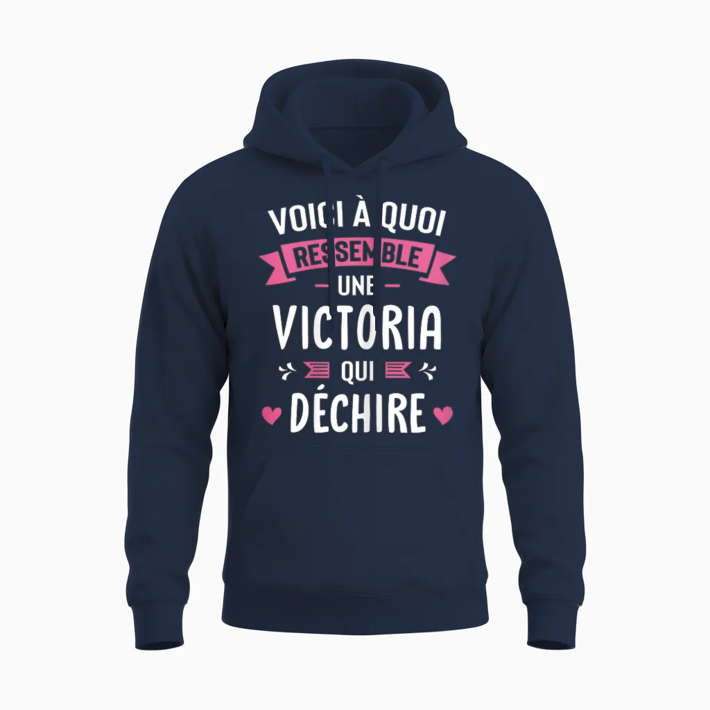 Women's Humour Personalised Gift Victoria Qui Déchire T-Shirt, Black, Female X-Small Unisex Hoodie in Navy