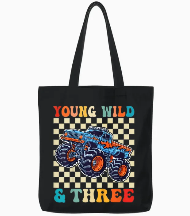 3rd Birthday Monster Truck Young Wild and Three 3 Year Old Tote Bags in Black