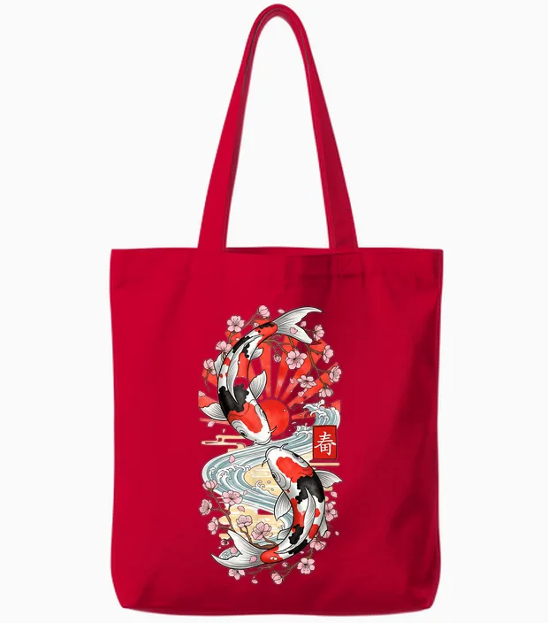 Japanese Koi Carp Fish Cherry Blossom Men Women Tote Bags in Red