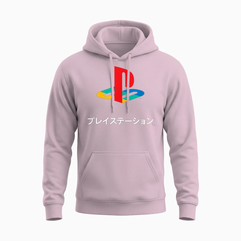 Playstation Full Color Logo with Kanji Modern Video Game Unisex Hoodie in Light Pink
