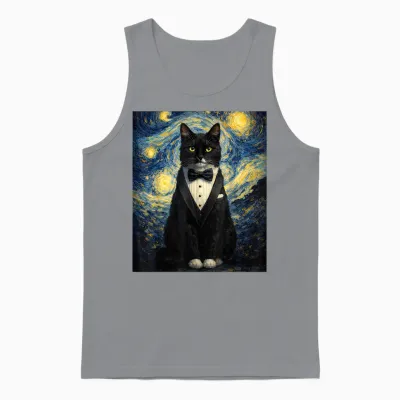 Tuxedo Cat Starry Night Van Gogh Inspired Painting Black Cat Unisex Tank Top - Sport Grey