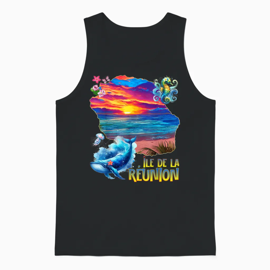 Reunion Island Sunset Sea Blue Whale Jellyfish T-Shirt, Black, S Unisex Tank Top in Black