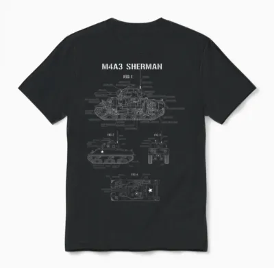 World War 2 American Tank M4a3 Sherman Blueprint Unisex T-Shirt - Black
