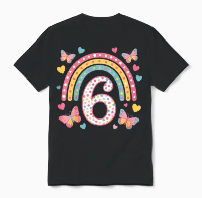 6. Geburtstag Regenbogen Schmetterlinge Herzen Geburtstags Unisex T-Shirt - Black