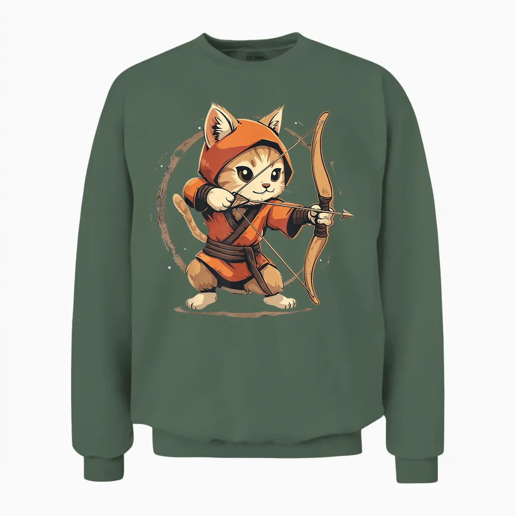 Cat Archer on Archery T-Shirt, Black, S Unisex Sweatshirt in Military Green