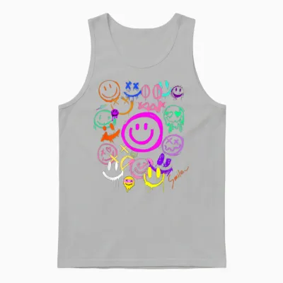 Smile Face Emoticons Fun Vivid Graffiti Smiley Face Graphic T-Shirt, Black, S Unisex Tank Top - Ash