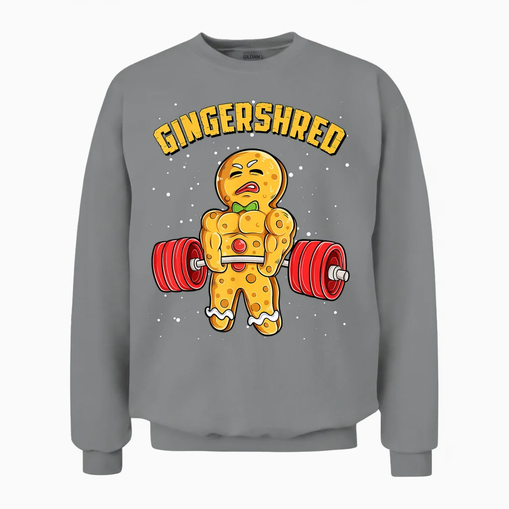 Gingershred Funny Gingerbread Man Gym Bodybuilding Christmas Unisex Sweatshirt in Sport Grey