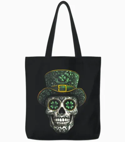 Sugar Skull St Patrick Day of the Dead Lucky Shamrock Clover Tote Bags - Black
