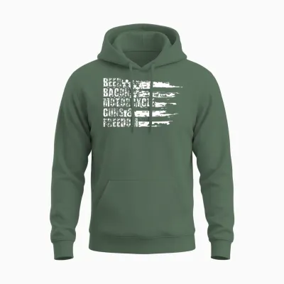 Beer Bacon Motorcycle Guns and Freedom Unisex Hoodie - Military Green