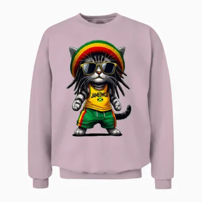 Jameowca Cool & Funny Jamaican Rasta Reggae Cat T-Shirt, Black, S Unisex Sweatshirt - Light Pink
