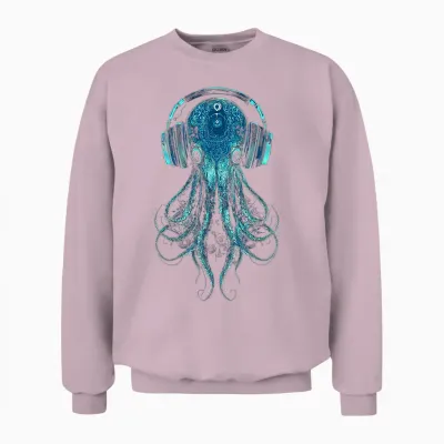 Octopus Animal Lovers Motif Music Headphones Illustration Squid Unisex Sweatshirt - Light Pink