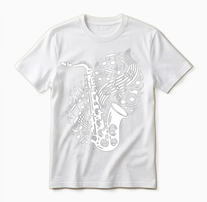 Saxophone with Flying Music Sheet Music Unisex T-Shirt in White