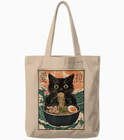 Cat Ramen Japanese Art Great Wave Kanagawa Funny Graphic Tote Bags - Natural