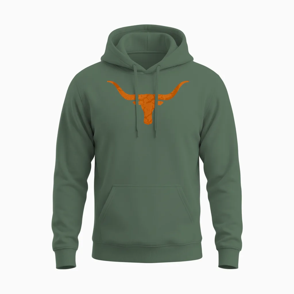 Hook'em Horns Bull with Vintage Distressed Long Horn Unisex Hoodie in Military Green